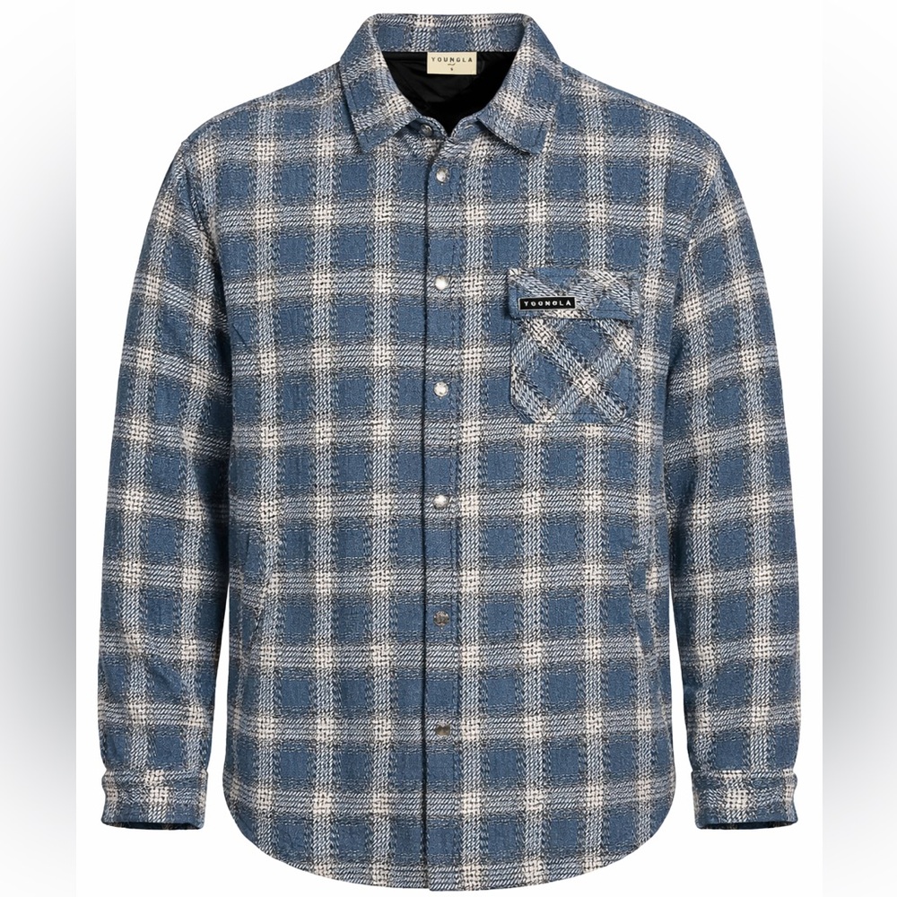 YoungLA High Profile Flannel Jacket Kashmir Blue Plaid Quilted Snap Button Small